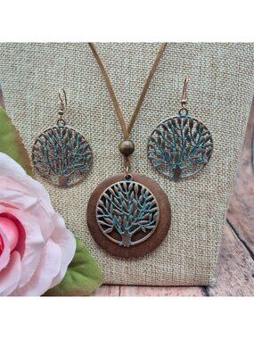 Artisan Naturalist Boho Tree of Life Brown Cord Pendant Necklace & Earrings Set
